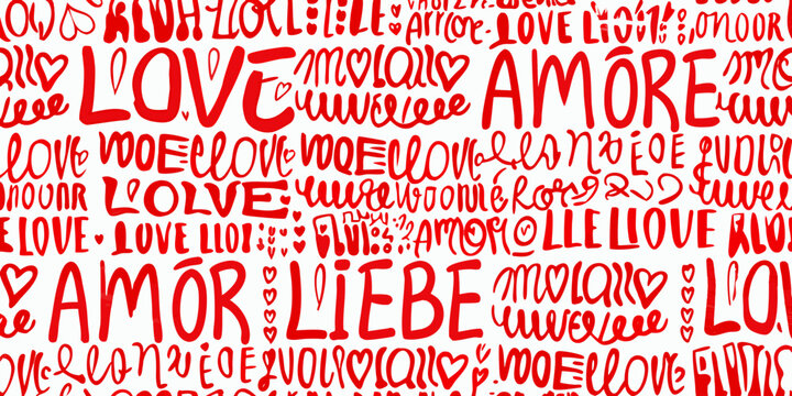 Seamless pattern featuring the words love and amore in red script