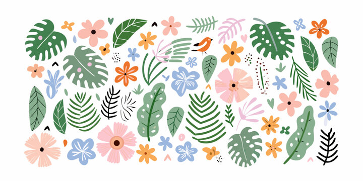 Tropical leaves flowers and birds illustration on a white background