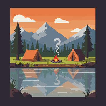 Vector illustration of a serene lakeside camping scene at sunset with two tents, a crackling campfire, towering mountains, and a perfect water reflection.