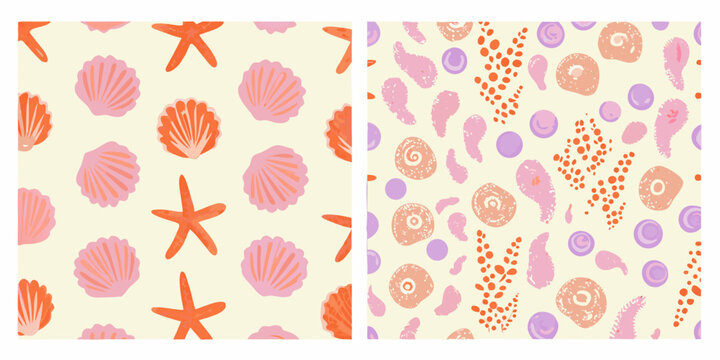 seashell and starfish pattern watercolor style pale yellow background