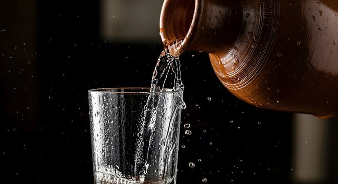 Pouring water from copper pitcher into clear glass on dark surface
