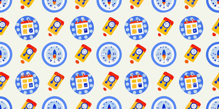 Seamless pattern of flat vector icons clocks rockets and houses
