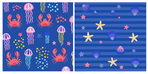 Marine life pattern with crabs jellyfish and seashells vector illustration © Mamata