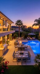 Fototapeta premium Luxurious backyard oasis with pool, dining, fire pit at twilight