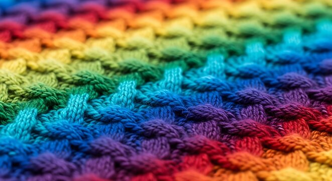 Macro view of rainbow-colored textured knit fabric, a cozy, vibrant, and warm textile