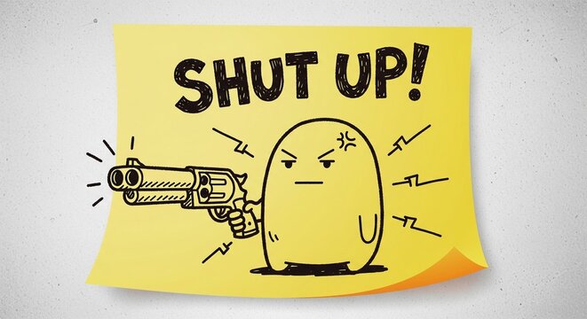 Sticky Note's Angry Outburst: A whimsical doodle illustration portrays an irate character brandishing a weapon, accompanied by the bold declaration, Shut Up!.