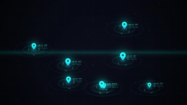 Digital map interface with glowing location pin markers for data tracking