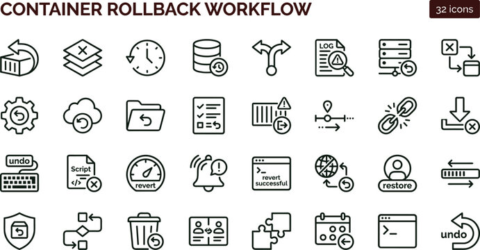 Container rollback workflow outline icon set for cloud infrastructure recovery dashboards and developer technology applications