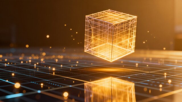 Floating wireframe cube on grid