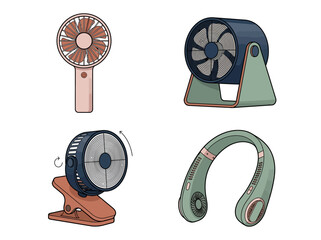Set of Portable Personal Electric Fans Including Handheld, Desktop, Neck Wearable, and Clip-on Models for Summer Cooling and Travel © Leos