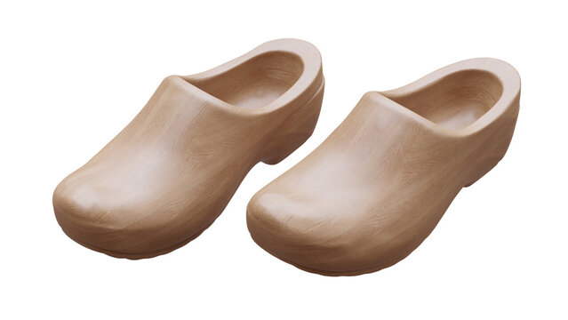 Wooden traditional clogs isolated on transparent, white. Vintage shoes, footwear, 3d 