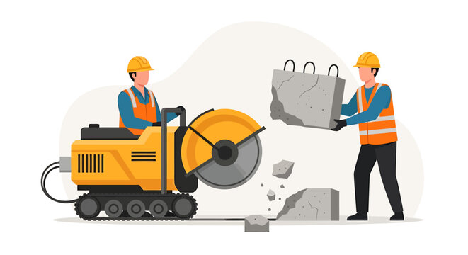 Construction workers operating heavy machinery for demolition and building projects.