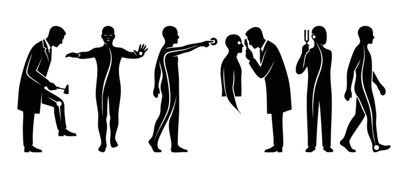 Neurological Examination Icons Set, Doctor Testing Reflexes and Sensory Function, Vector Human Silhouette Illustrations for Medical Diagnosis, Nervous System Assessment, Clinical Practice and Health C