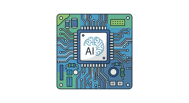 Circuit board with AI chip, deep learning icon, technology, abstract concept, blue and green illustration, modern design, simplified graphic, vector art, digital intelligence.