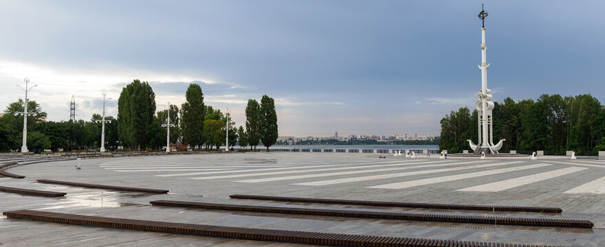 Voronezh, Russia - July 23, 2025: The "300th Anniversary of the Russian Fleet" monument on Admiralty Square - panorama. The square's design was designed by architect A. I. An.