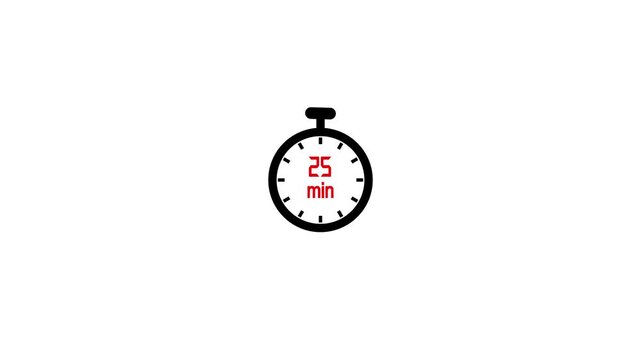 25-minute stopwatch icon in flat style, clean timer UI on black background, simple motion graphics showing countdown and time tracking concept.