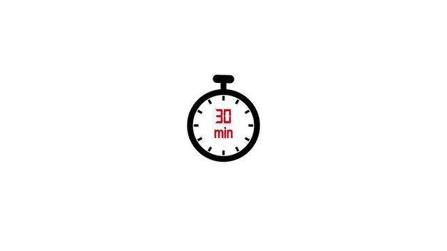 30-minute stopwatch icon in flat style, clean timer UI on black background, simple motion graphics showing countdown and time tracking concept.