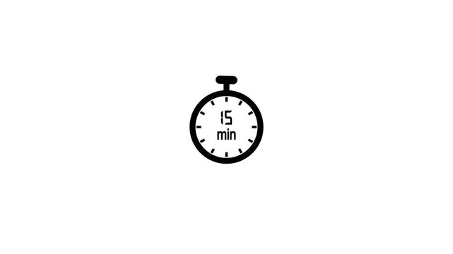 15-minute stopwatch icon in flat style, clean timer UI on black background, simple motion graphics showing countdown and time tracking concept.