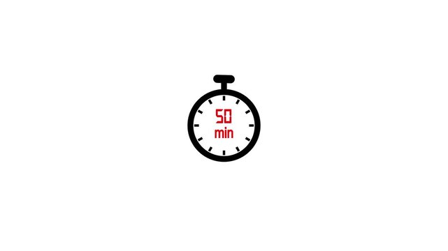 50-minute stopwatch icon in flat style, clean timer UI on black background, simple motion graphics showing countdown and time tracking concept.