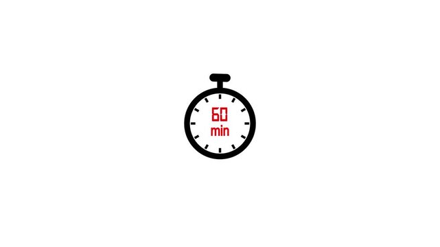 60-minute stopwatch icon in flat style, clean timer UI on black background, simple motion graphics showing countdown and time tracking concept.