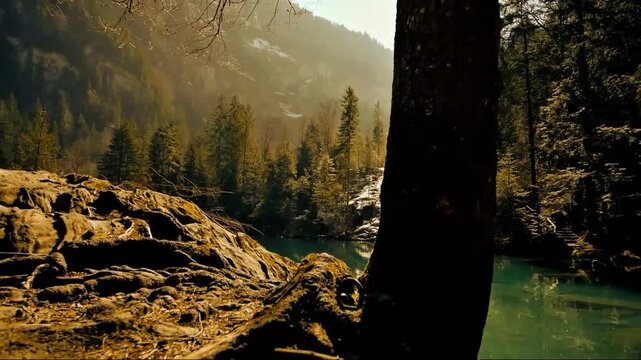 4K cinematic sunlight streaming through forest trees in a peaceful natural environment.