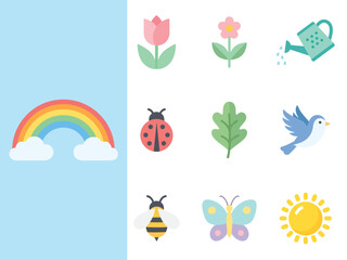 Fototapeta premium Spring Season Flat Vector Icon Pack with Tulips Butterfly Rainbow Sun Bee Bird and Nature Elements