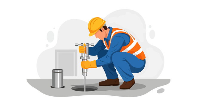 Construction worker operating a jackhammer on a street.