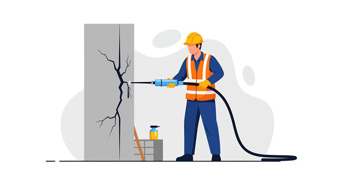 Construction worker repairs concrete wall with jackhammer tool.