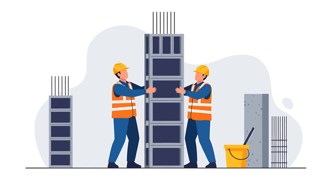 Construction workers assembling concrete pillar formwork on a building site.