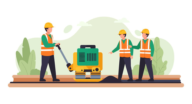 Construction workers operating a plate compactor for road repair.