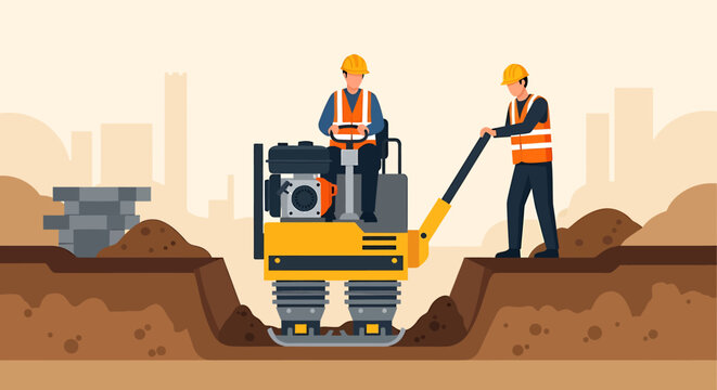 Construction workers operating a plate compactor machine on a building site.