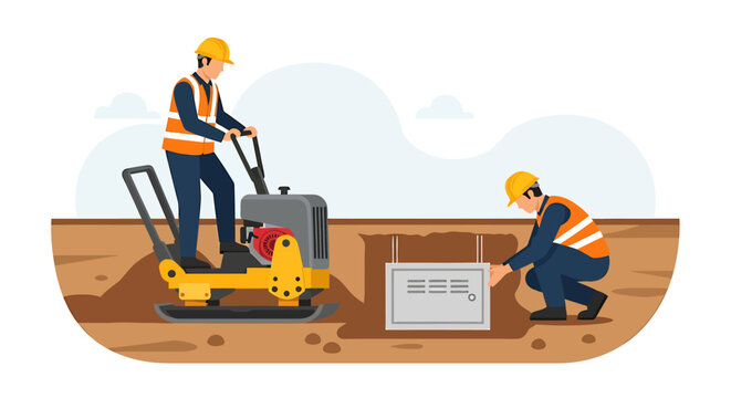 Construction workers operating heavy machinery and placing utility box.