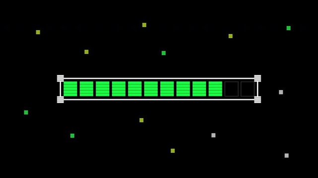 Retro pixel style progress bar animation with green loading blocks filling inside a white outlined frame on a dark space background