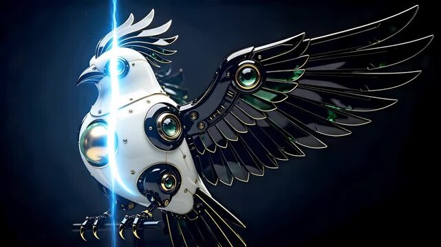 Cyber-Porcelain Sky-Scan Hub: High-End 3D Mechanical Bird Totem with Obsidian Wings and Blue Scan Light on Absolute Black Background with Copy Space