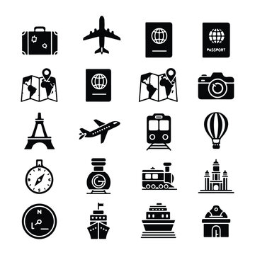 Travel black and white, 20 symbols transportation