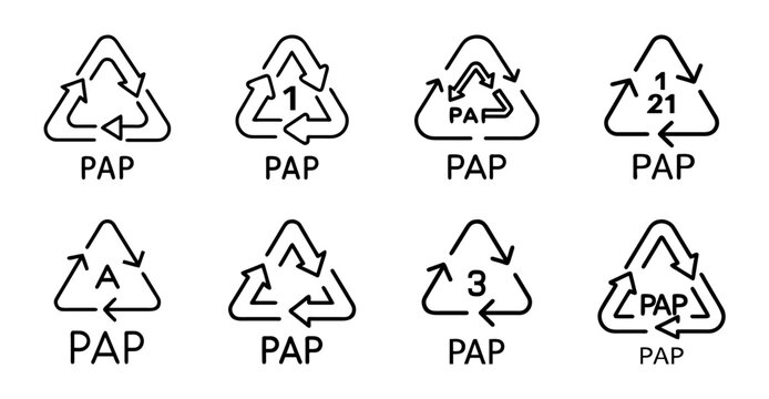 Recycling symbols with pap text icons set - Clean and colorful recycling icons featuring PAP text, perfect for environmental or educational projects and digital designs.