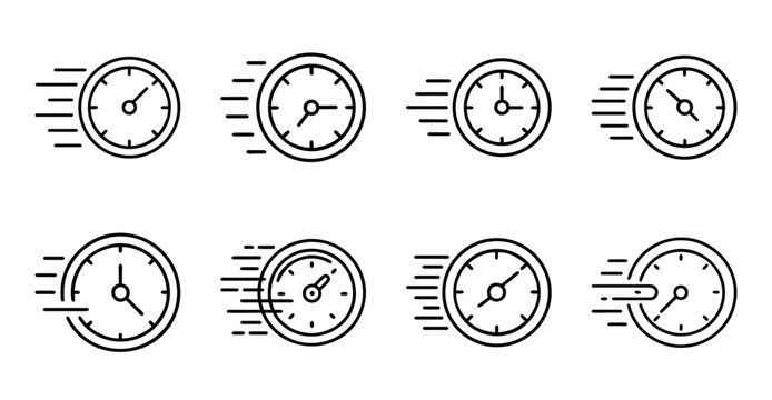 Modern clock icons with speed effects and arrows - Set of stylish clock icons showing time and speed with directional arrows in a clean, minimalist vector design for digital and print use.