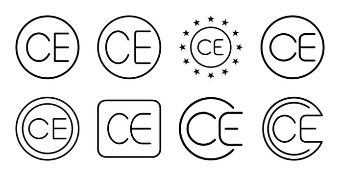 Ce certification and conformity marks collection - Clean set of CE marking logos and conformity symbols in a simple, organized grid layout for product certification and compliance use.