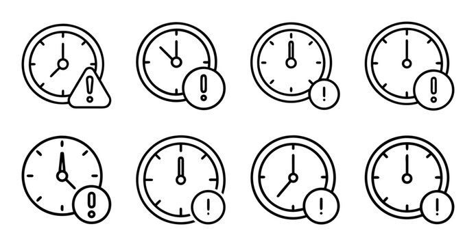 Set of analog clock icons with different times - Colorful collection of eight analog clock icons displaying various times, perfect for timers, schedules, or digital designs.