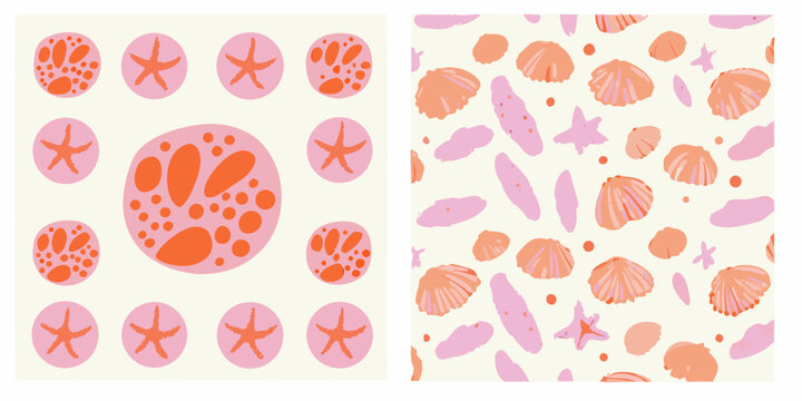 Seashell and starfish pattern coral and pink tones seamless repeat