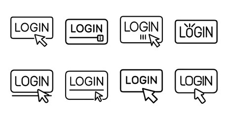 Fototapeta premium Login button icons with cursor click effects - Flat design login button icons illustrated with cursor pointers showing click interactions for web or app UI design.