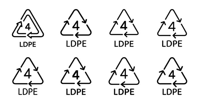 Recycling symbols for ldpe plastic waste - Eight clean recycling icons showing LDPE plastic symbols with number four, ideal for eco-friendly and waste management projects.