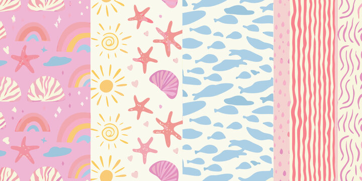 Summer themed seamless patterns with suns rainbows shells and marine life