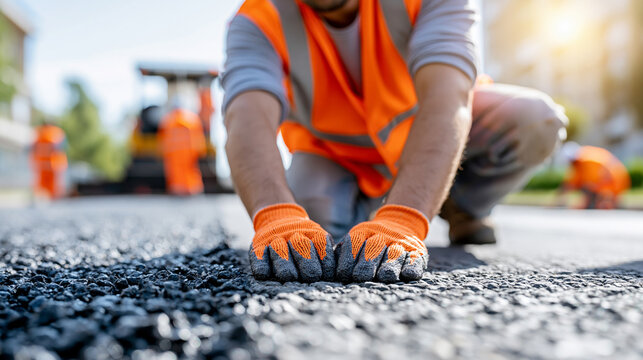 Construction workers laying tarmac on a road surface in bright sunlight during active urban work hours, road building concept, with copy space