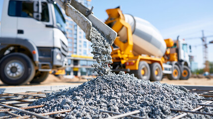Fototapeta na wymiar Concrete mixer truck pouring fresh cement into a foundation on a bustling urban construction site, infrastructure development concept, with copy space