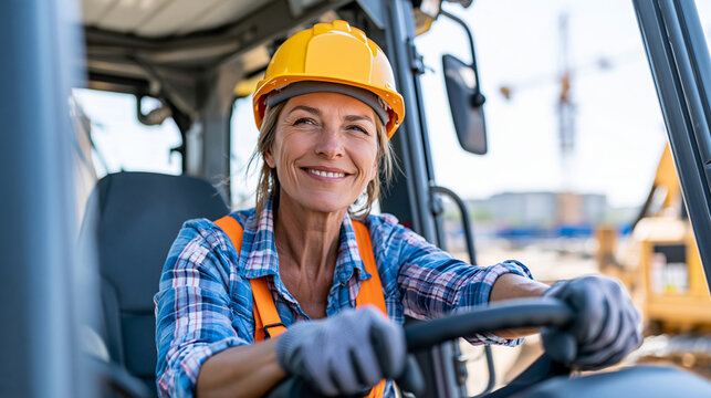 Professional builder driving a bulldozer with a confident smile at a busy construction site under a clear sky, skilled labor concept, with copy space