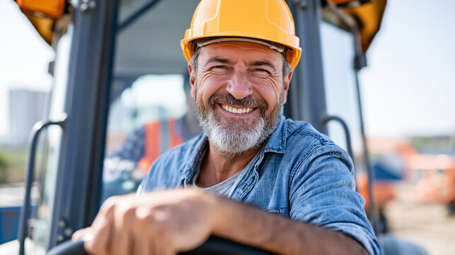 Professional builder driving a bulldozer with a confident smile at a busy construction site under a clear sky, skilled labor concept, with copy space