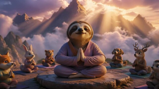 A peaceful sloth wearing a pink robe meditates in the center of a circle of animals at sunrise, with majestic mountain peaks in the background creating a serene and spiritual atmosphere.
