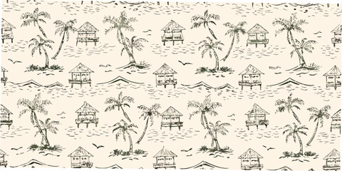 Fototapeta premium tropical island pattern with palm trees and thatched huts