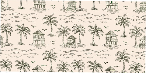 tropical island pattern with palm trees and huts hand drawn style © Tusar